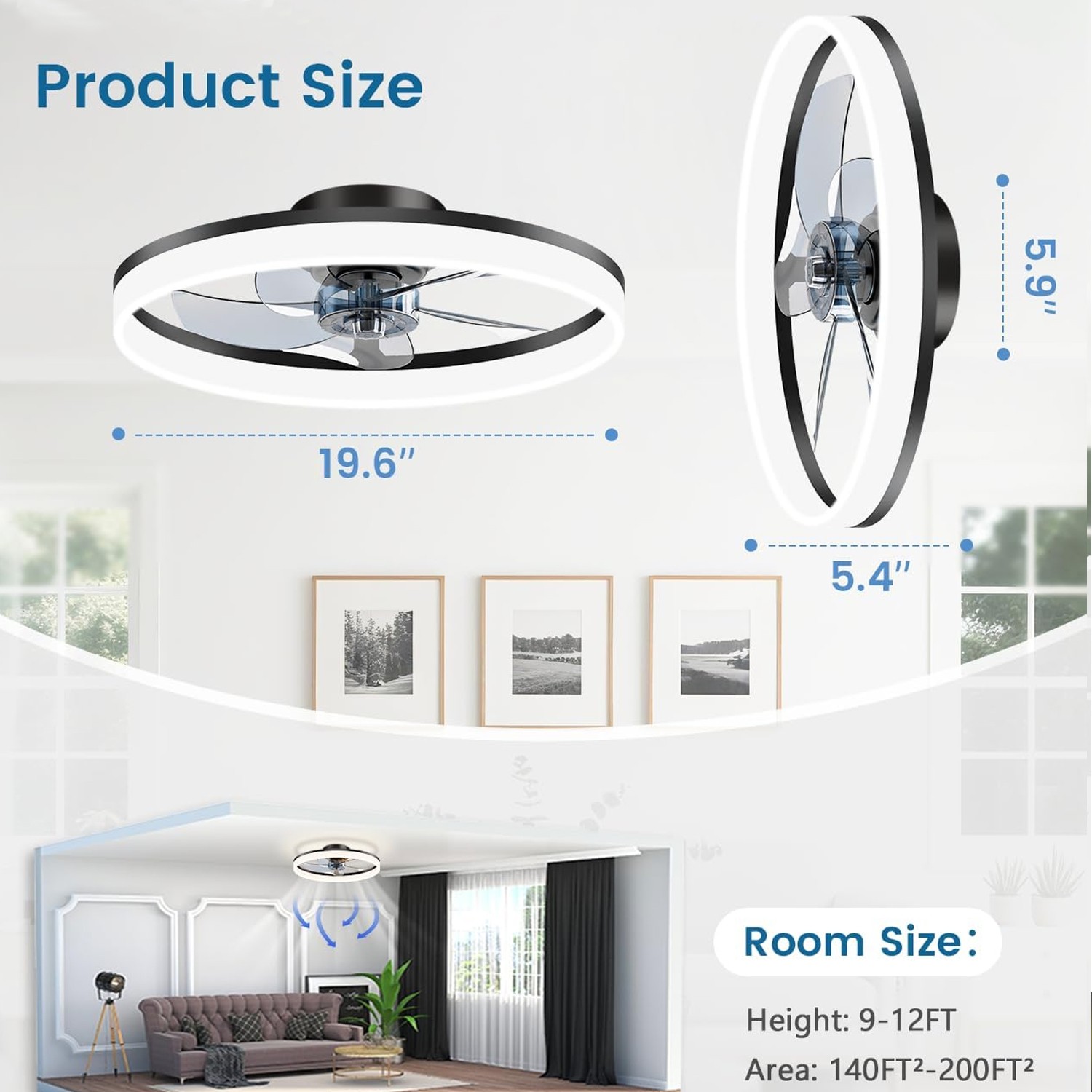20" Modern Fan Lights Flush Mount LED Ceiling Light kit With Remote APP Control