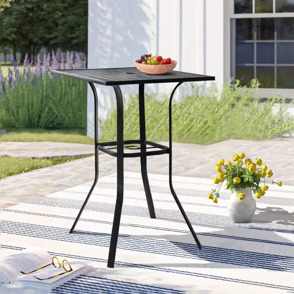 Black Square Metal Bar Height Outdoor Dining Table with Umbrella Hole