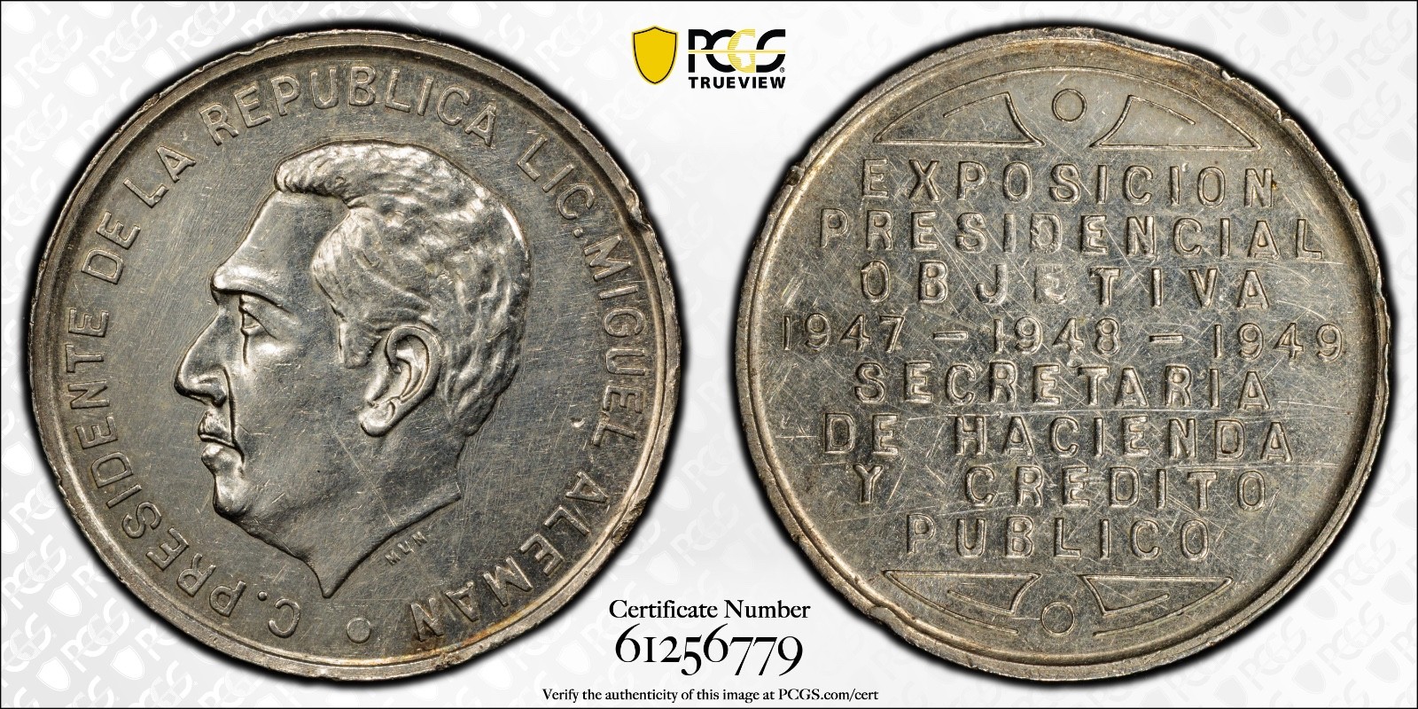 1949 Mexico Silver Medal Exposicion Presidencial Aleman PCGS Genuine Grove P-7a