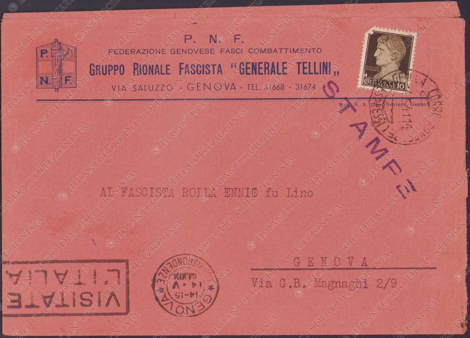 1941 GENOVA PNF Gruppo rionale fascista Generale Tellini busta intestata