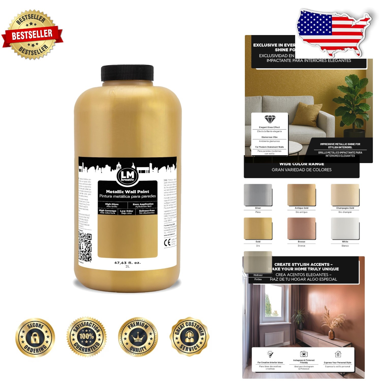 Gold Metallic Wall Paint 67.6oz - Luxe Shine, Water-Based, Scratch-Resistant