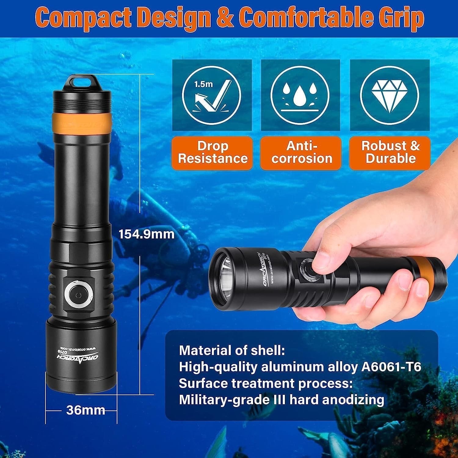 Waterproof Underwater Flashlight, 6° Narrow Beam