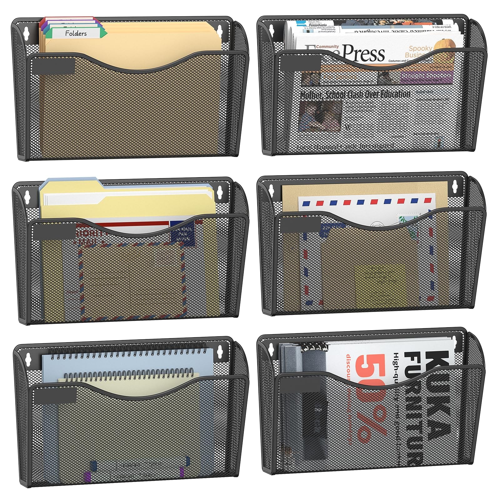 6 PCS Mesh Wall File Organizer Mount Hanging Mail Holder Single Pocket