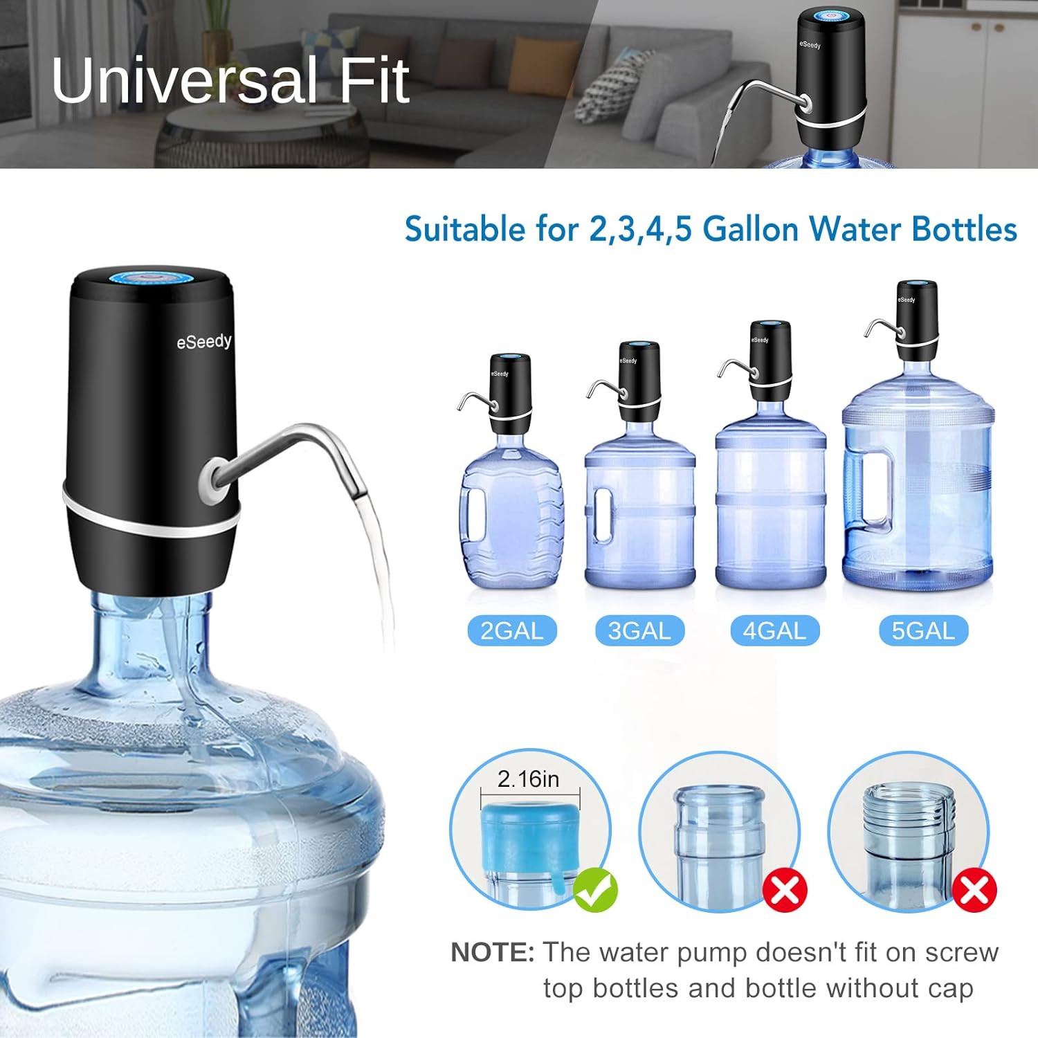 Automatic USB Rechargeable Water Pump for 5 Gallon Bottles - Black