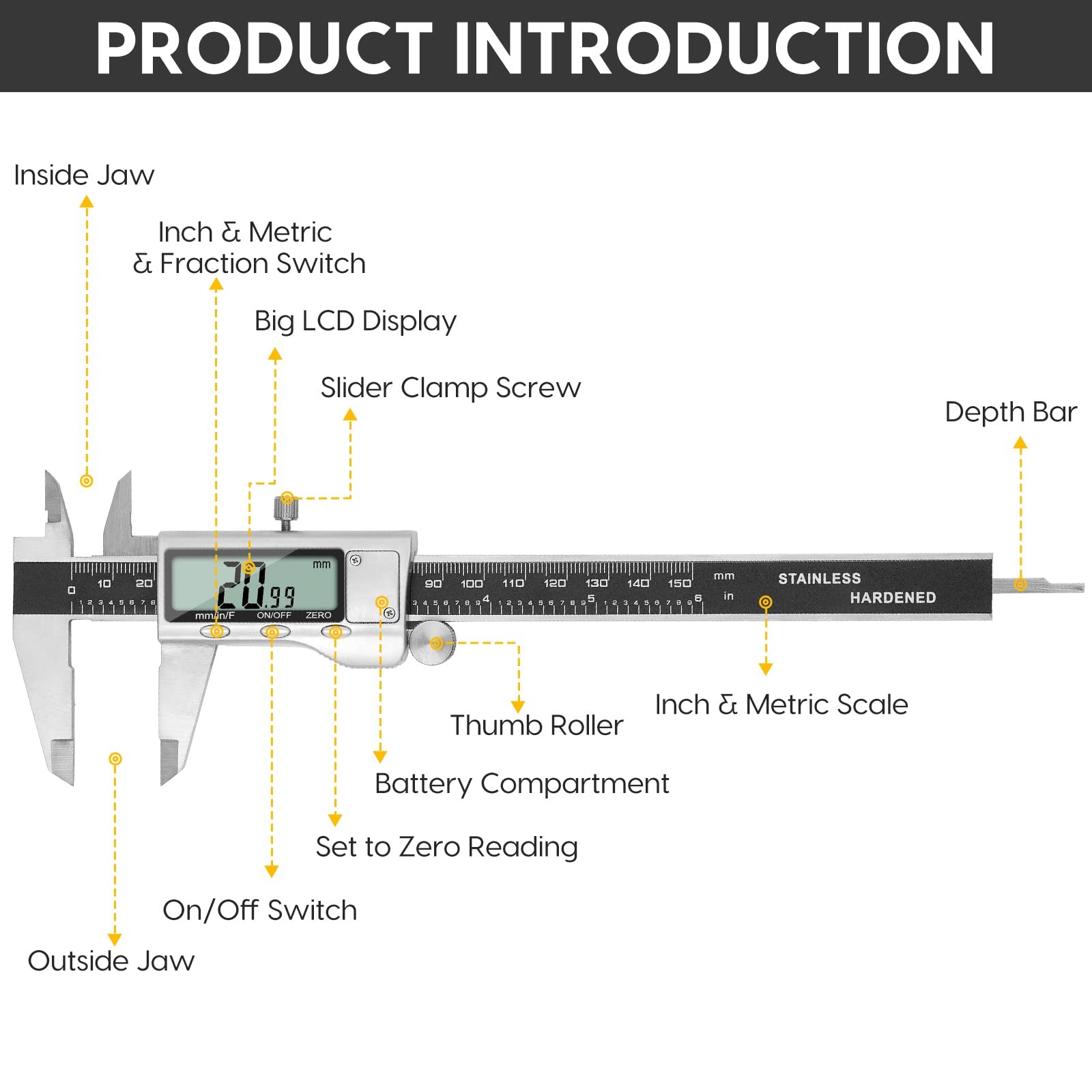 Digital Caliper Measuring Tool 6 Inch Large LCD Screen Stainless Vernier