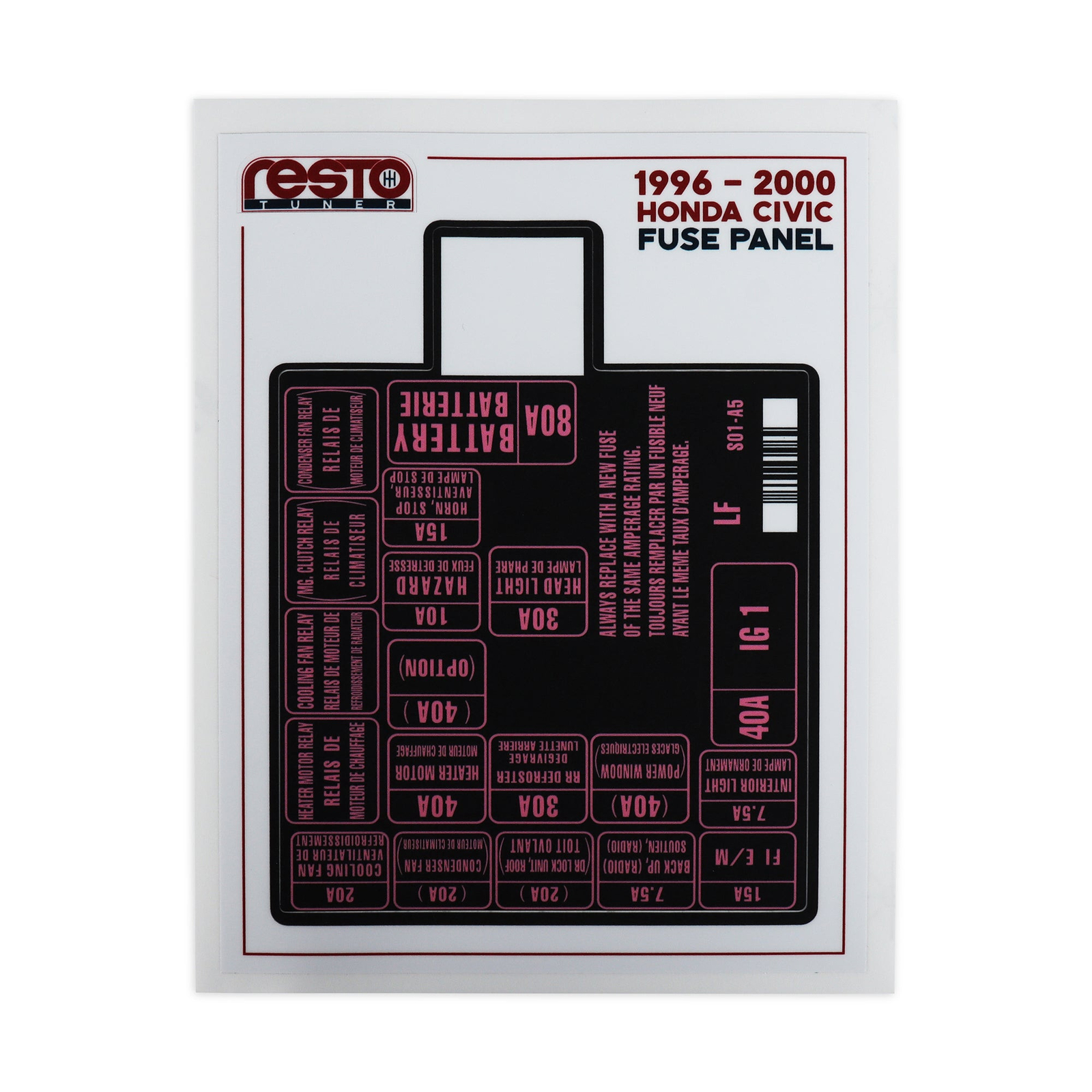 1996 - 2000 Honda Civic Replacement Engine Fuse Label