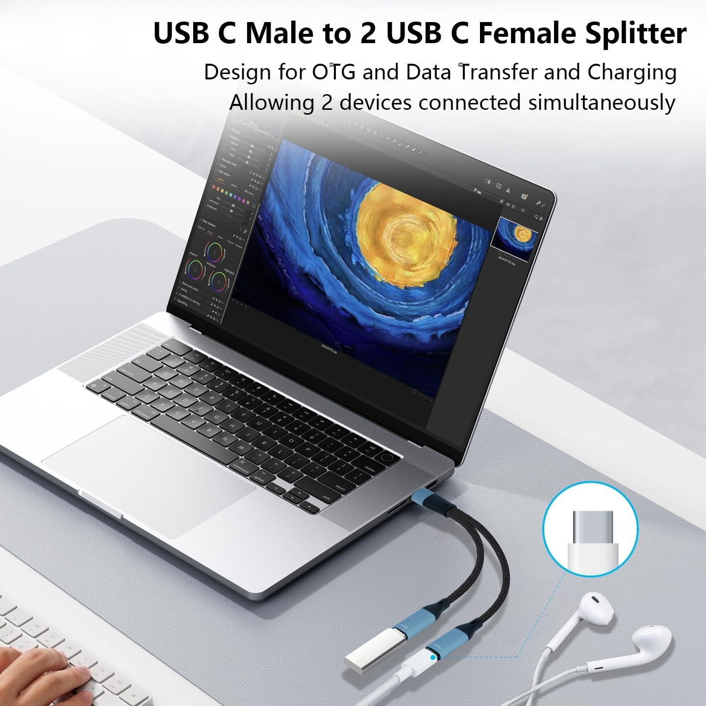 USB C to Dual USB Type C Female Splitter Cable Earphone Adapter Type C OTG Split