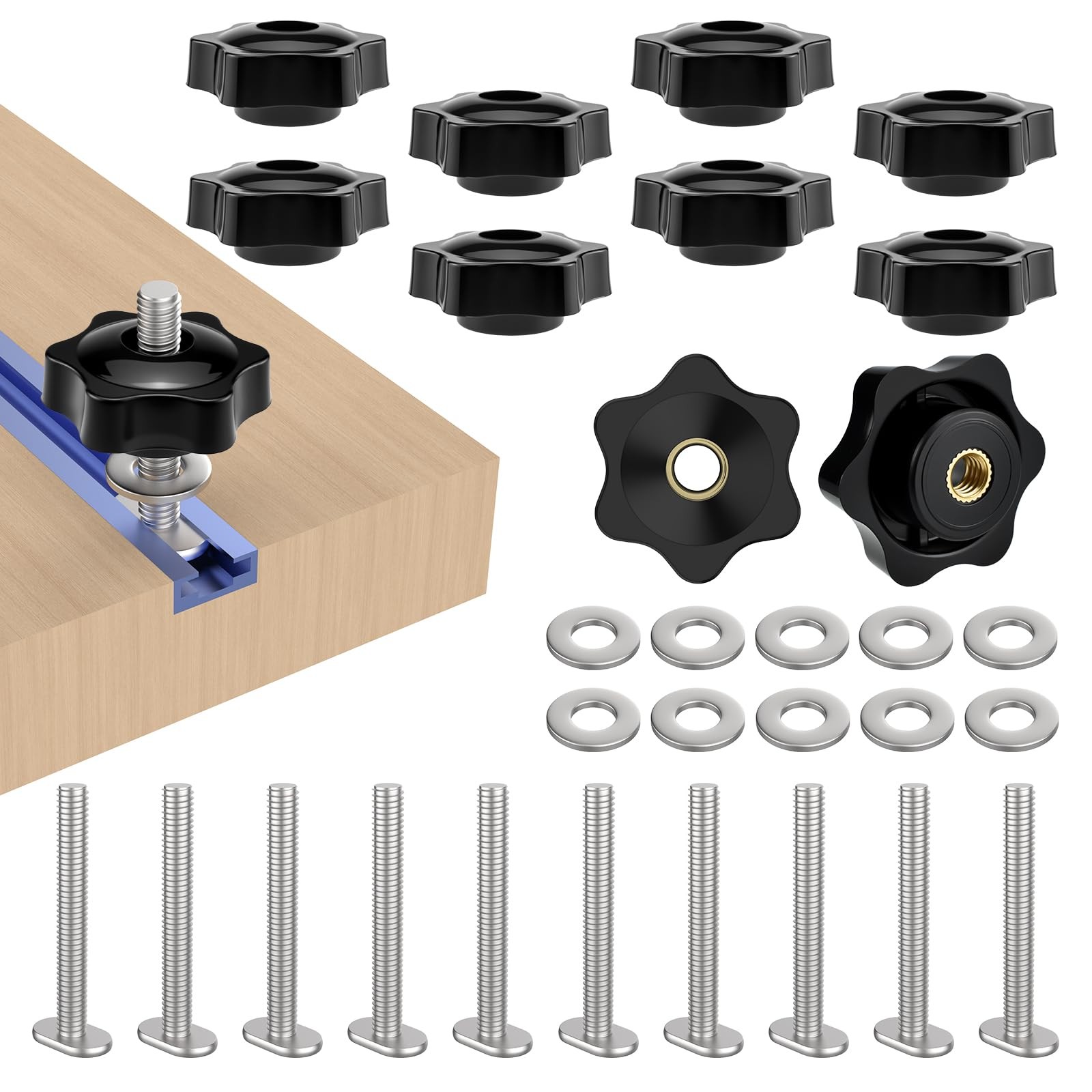 10 PCS 1/420 T Track Knob Kit 2 Inch Hex Thread Nuts Star Washers Jigs