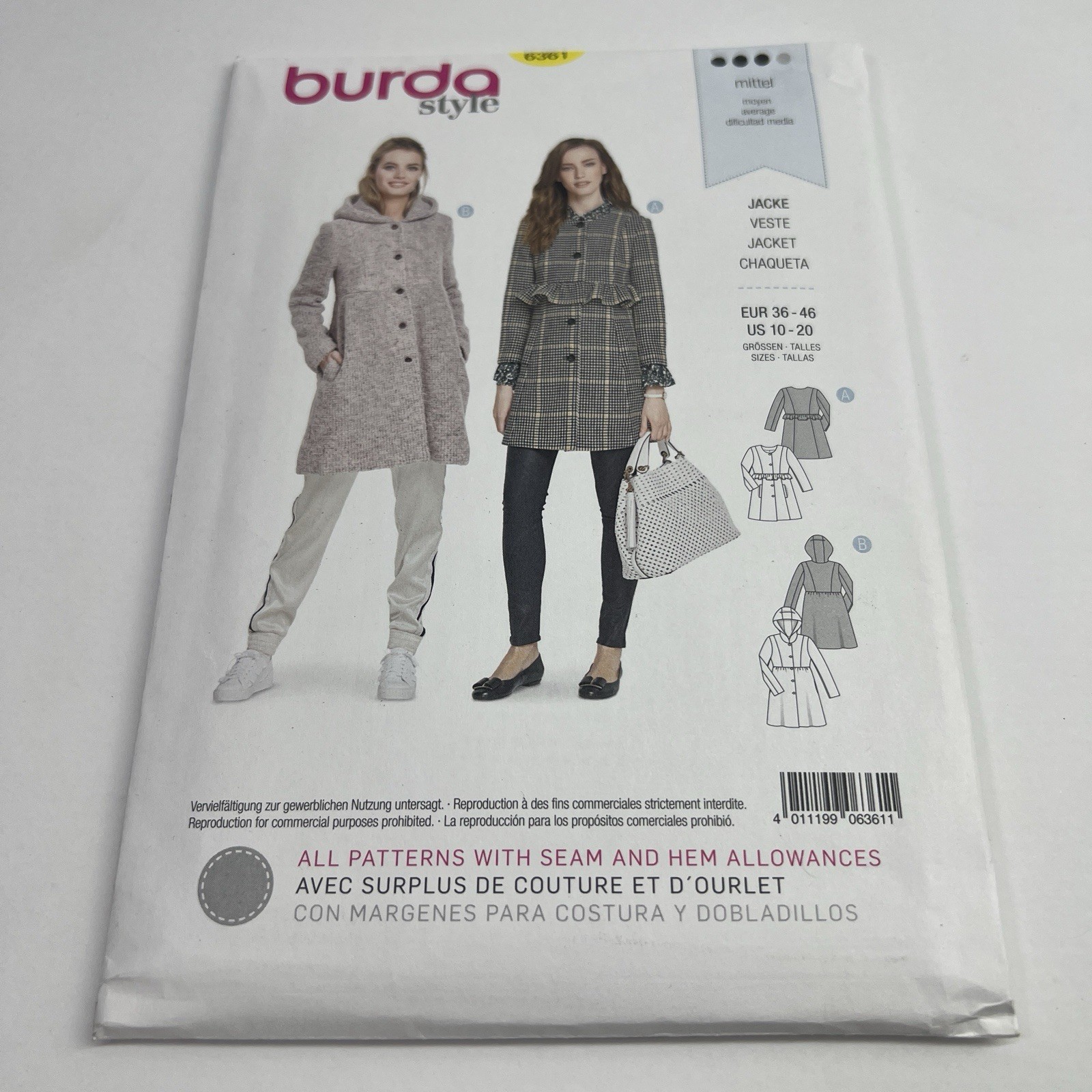 Burda Style 6361 Front Button Jacket 2 Lengths Misses' 10-20 Pattern Uncut Y2K