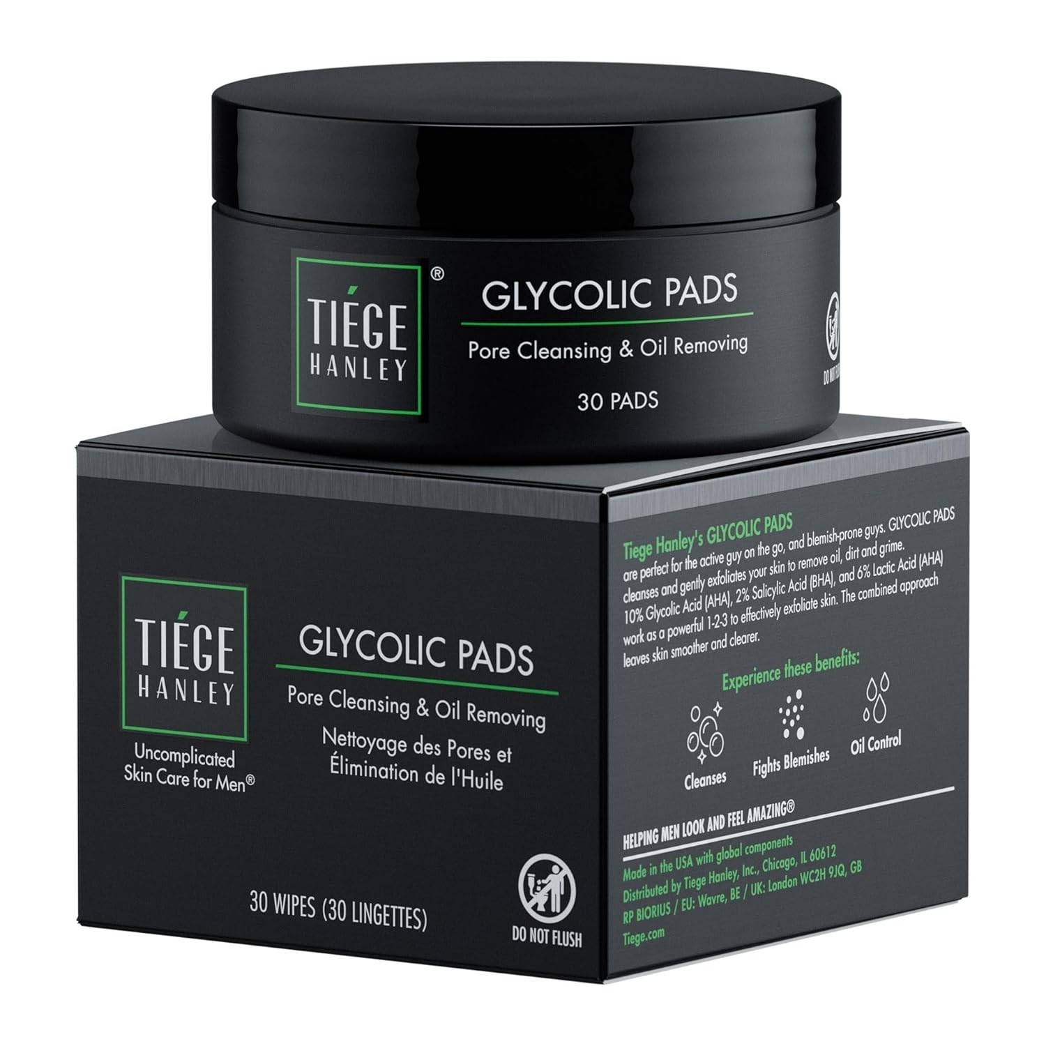 Tiege Hanley Glycolic Acid Pads for Men, 1-Pack - Exfoliating Face Cleansing