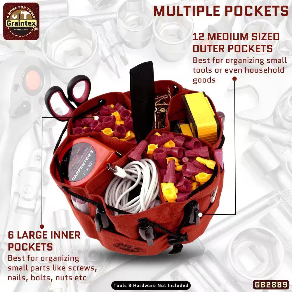 10 In. 18-Pockets Grab Tool Bag with Drawstring Closure in Rust Canvas