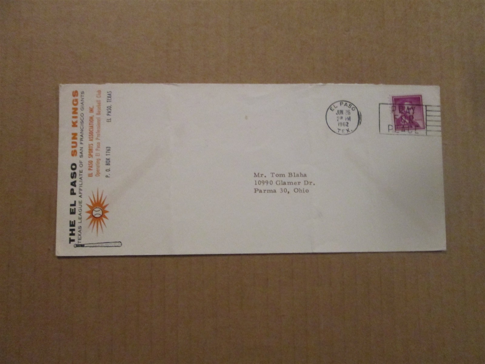 Texas League El Paso Sun Kings Vintage Defunct Dated 1962 Team Business Envelope