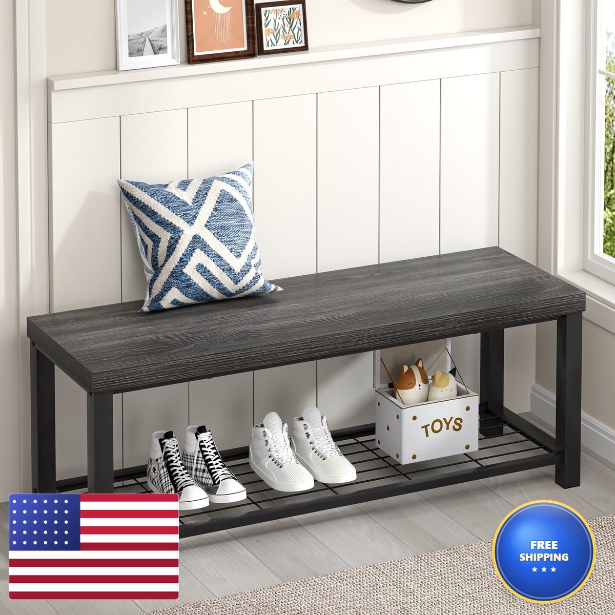 Foluban Shoe Storage Bench Modern Entryway Bench Metal Shelf Industrial Indoor