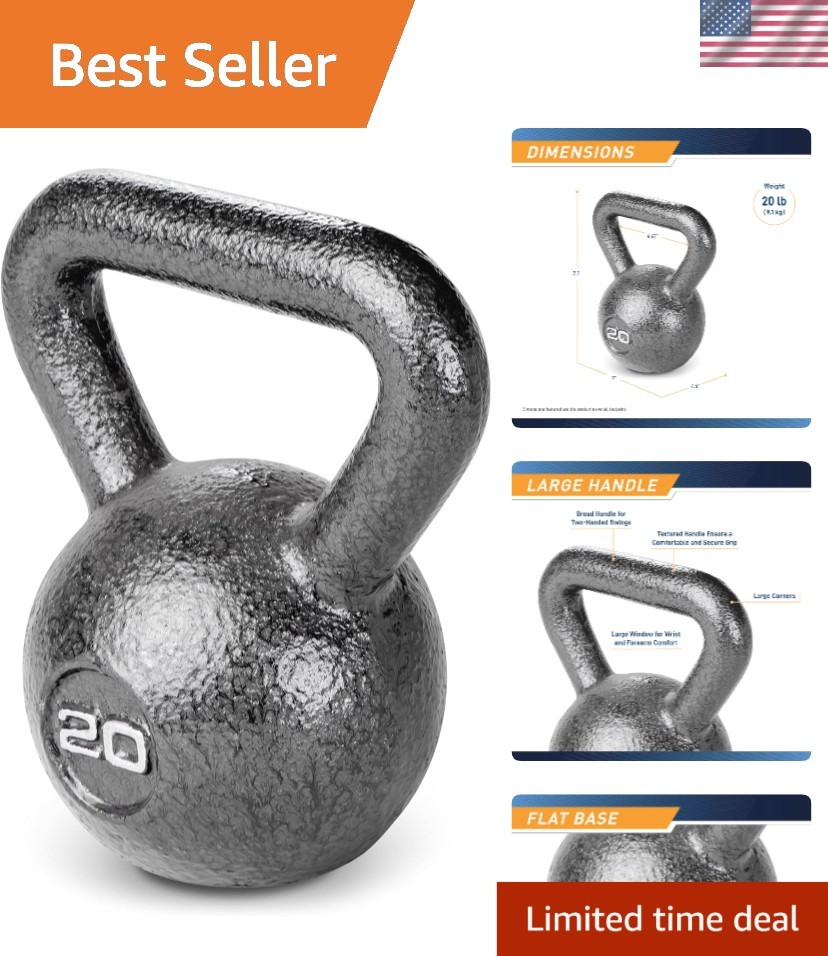 Cast Iron Kettlebell 20 lbs - Ergonomic Hammertone Weight for Strength Training