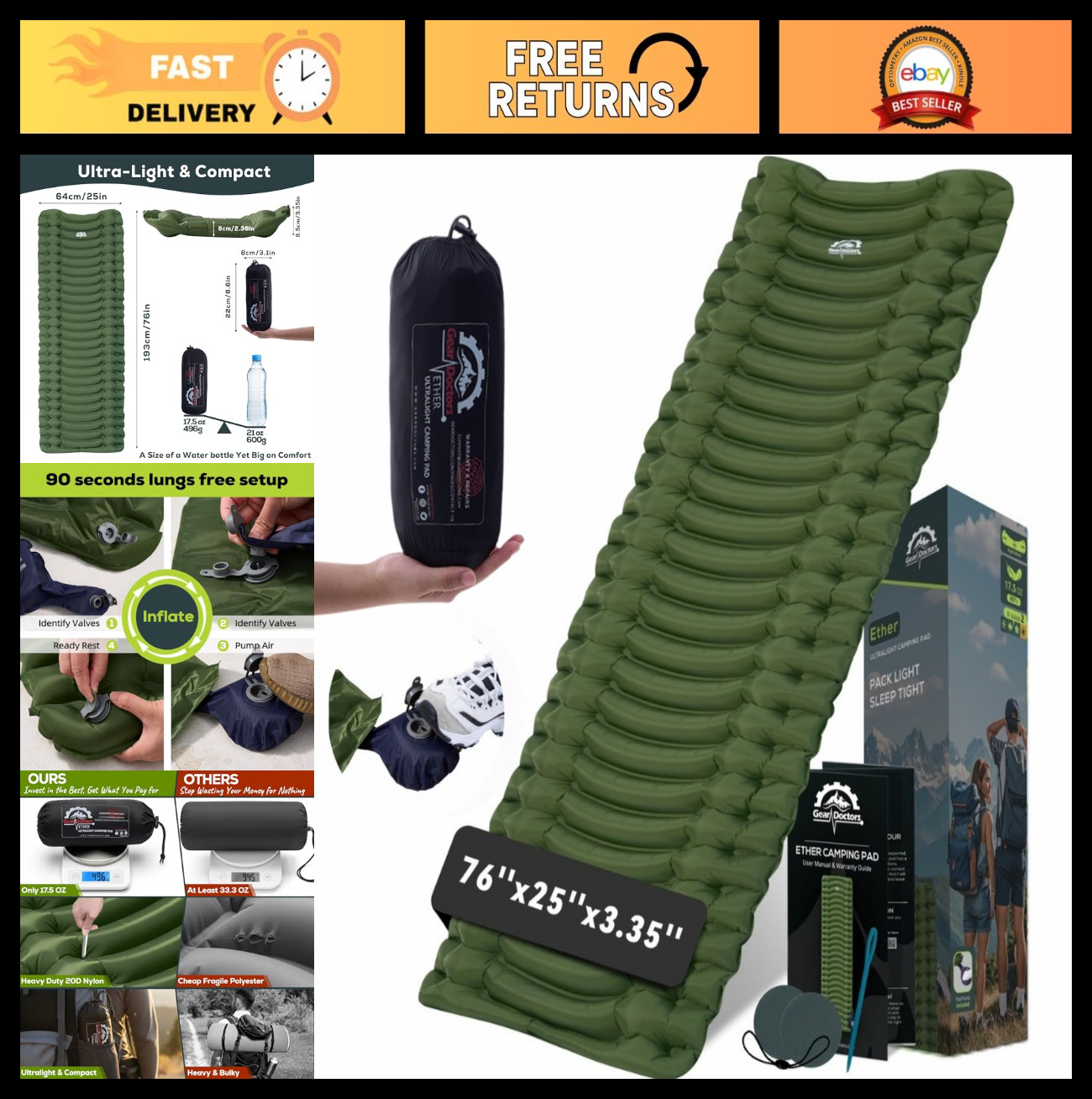 Ultralight Camping Sleeping Pad 17.5oz - Inflatable Air Mattress for Backpacking