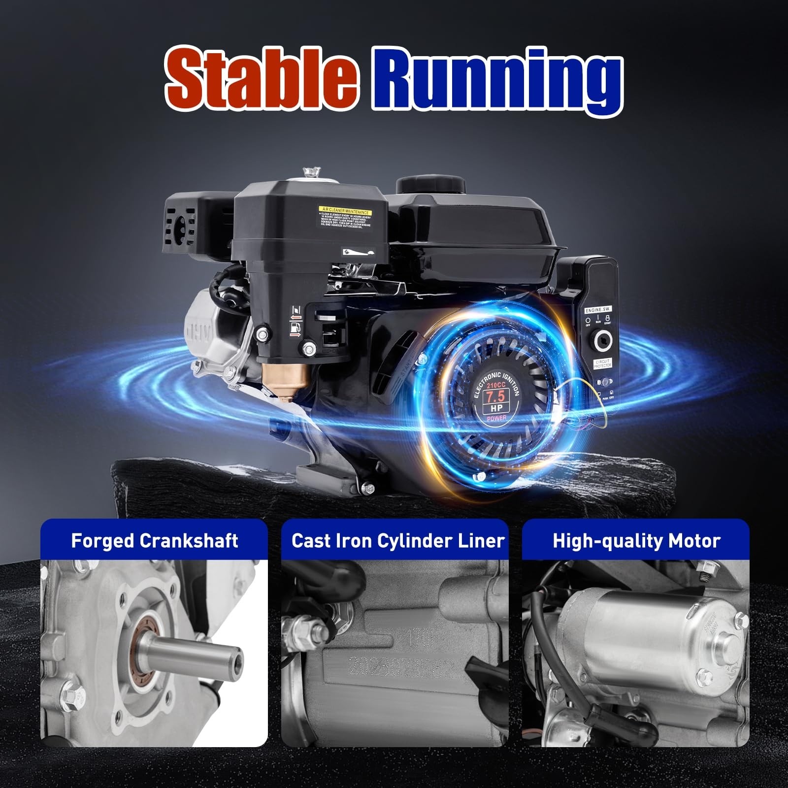 7.5HP 4 Stroke Gas Engine 210CC OHV Horizontal Pull Start Multi-Use