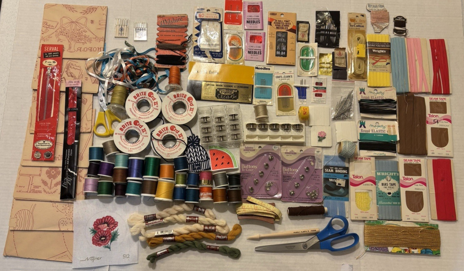 Huge Lot of Sewing Notions Variety Needles Zippers Thread Bias Transfers Variety