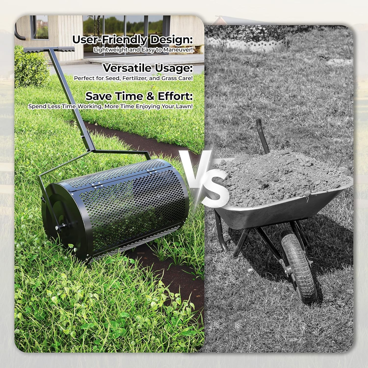 Compost Spreader Peat Moss Spreader 24" Wide Sphagnum Roller for Topsoil