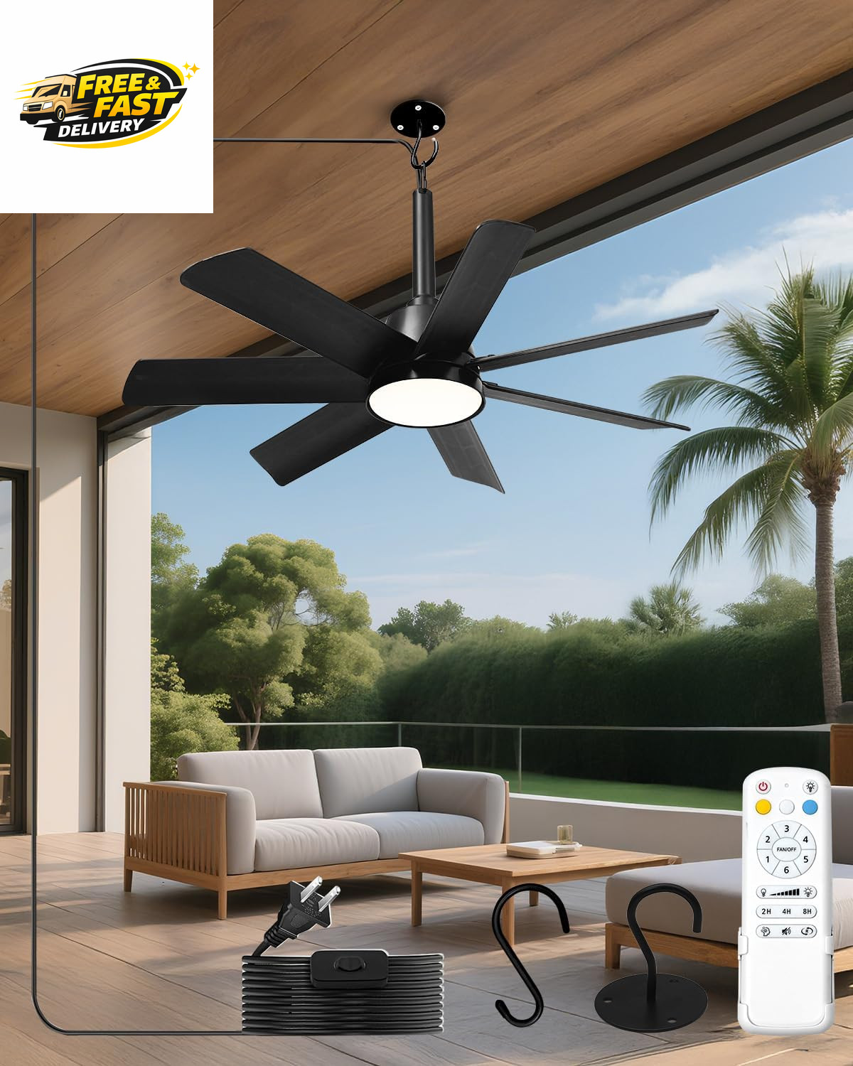 28 Inch Plug-In Outdoor Ceiling Fan with Lights and Remote, LED Gazebo Hanging F