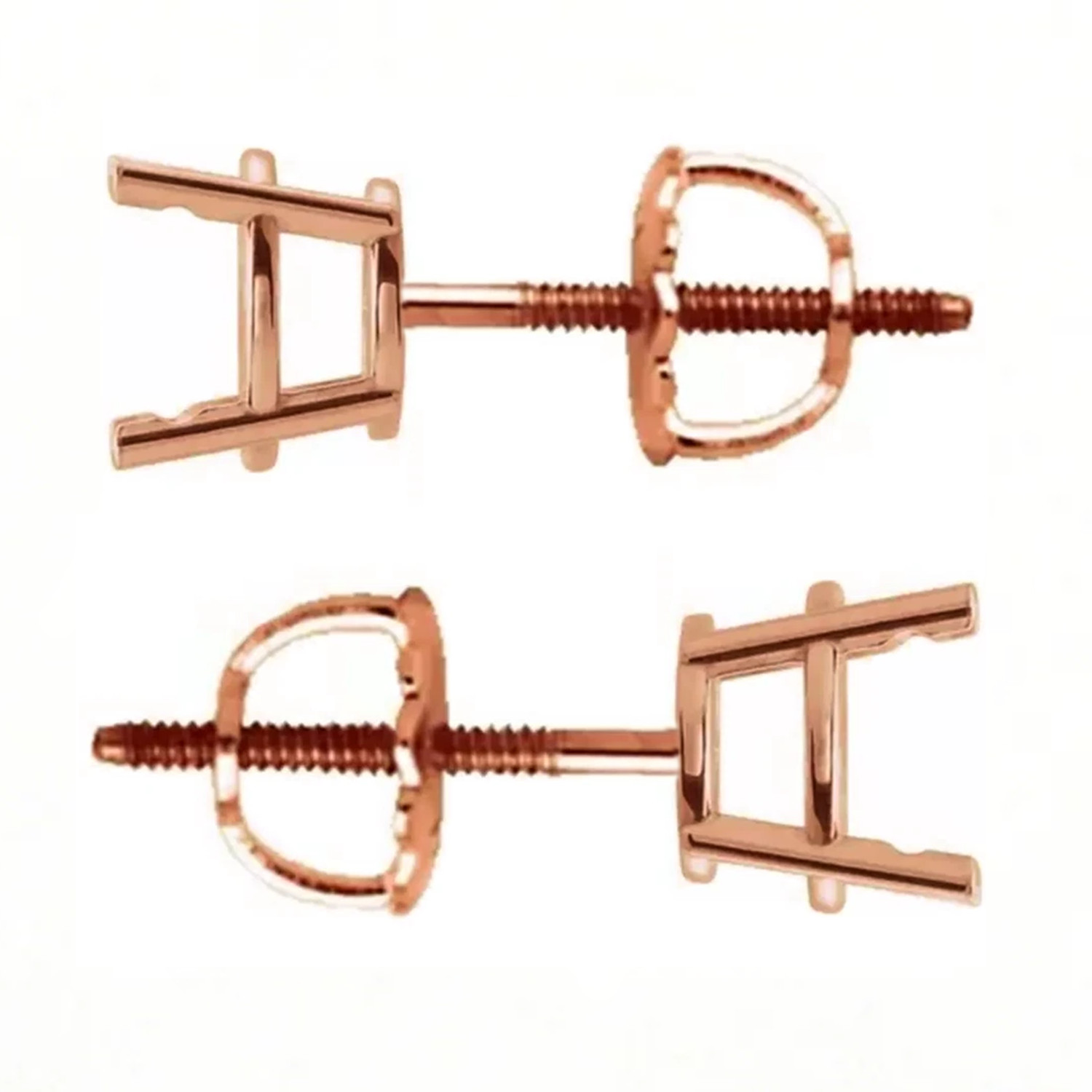 14K Rose Gold Earring Settings Round Cut (Pre-Notched) 4 Prong Screw Back  Pair