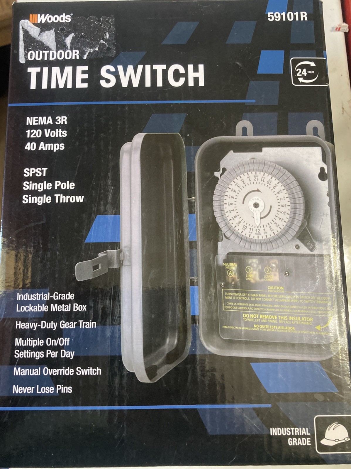 Woods Time Switch 59101R, 120V/40A SPST Outdoor Gray, Black Lockable Metal Box