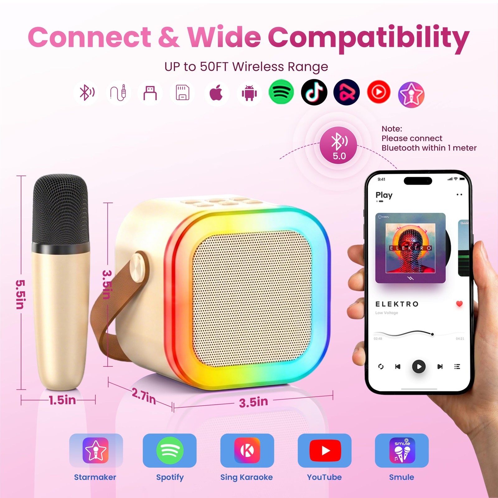Gold Mini Karaoke Machine Portable Bluetooth Speaker 2 Wireless Microphones