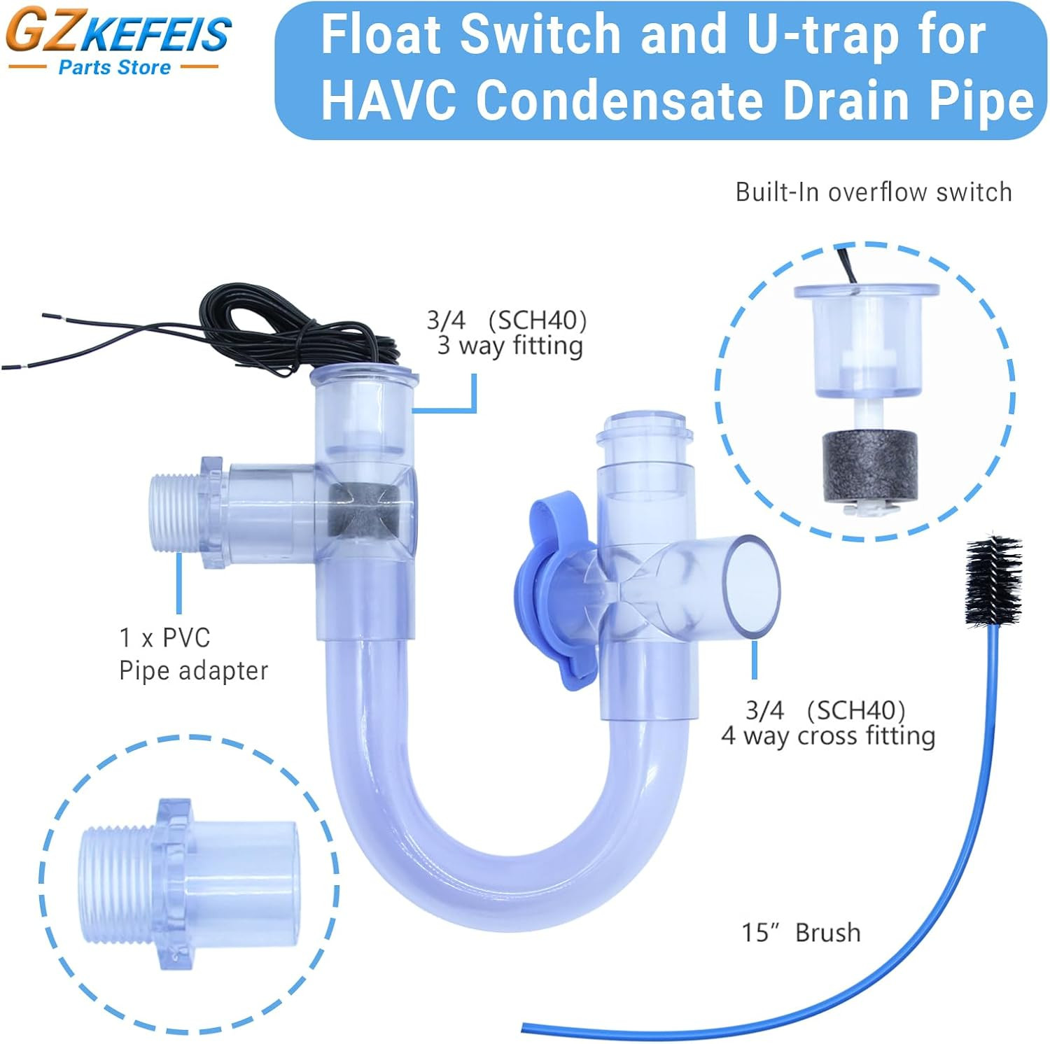 Condensate Trap with Built-In Overflow Switch for HVAC Systems - 3/4 Inch Standa