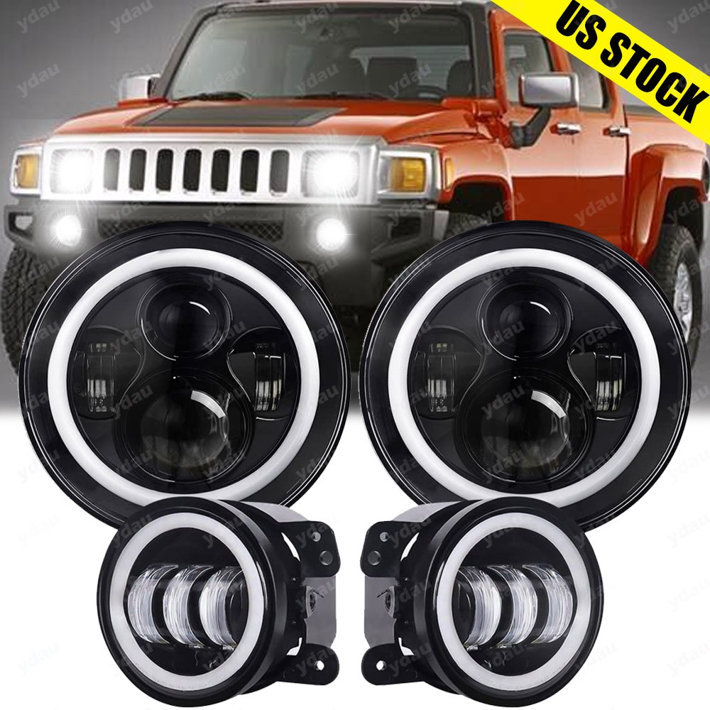 For Hummer H2 H3 H3T 06-10 7" LED Headlights 4" Fog Lights Combo Halo Angel Eyes