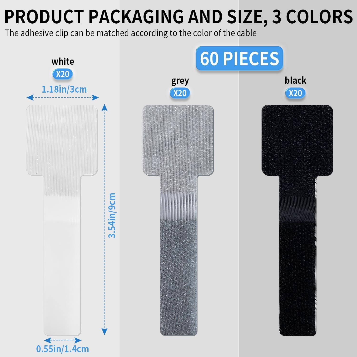 60-Pack Hook & Loop Cable Ties with Adhesive Clips for Home & Office
