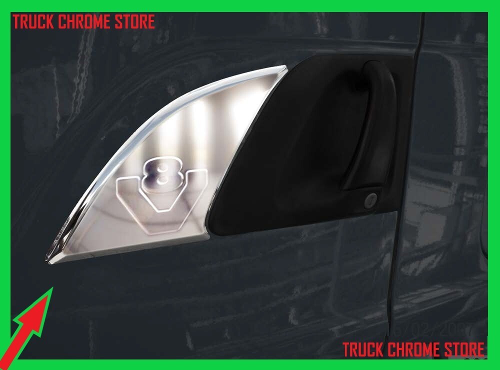 Scania   1998 - 2016   FRONT OF DOOR HANDLE CHROME   V8  LOGO    S.STELL  1 SET.