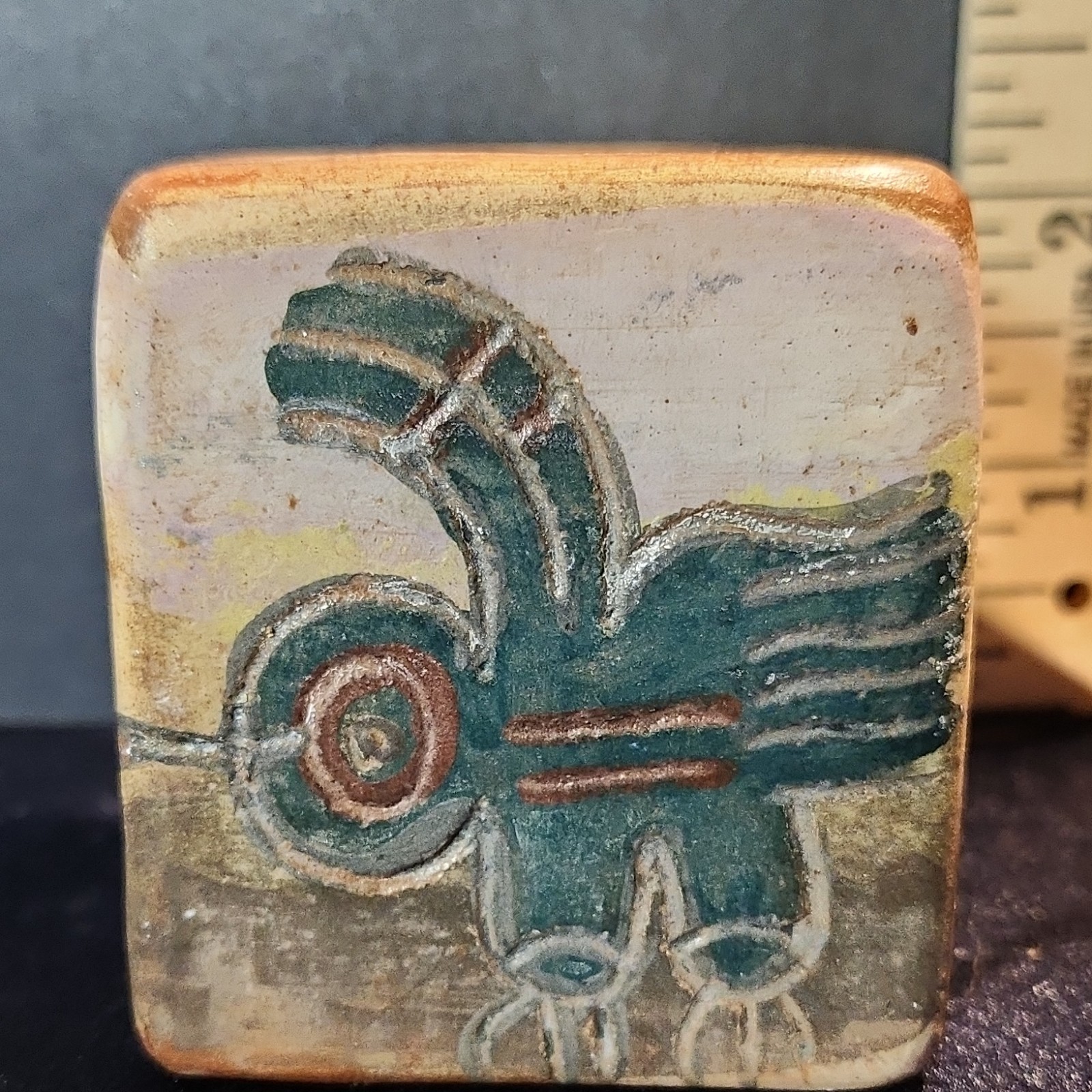 Urubamba Peruvian Pottery Hand-Painted Square Figurine Bird Flower Motif Vintage