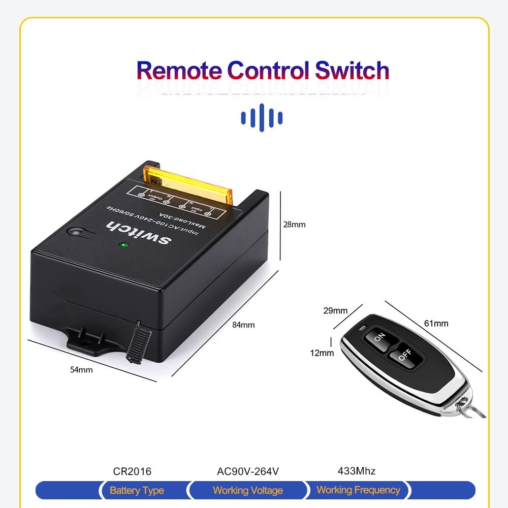 220V Wireless Remote Switch with 30A Relay, 328ft Long Range 84*54*28, Black