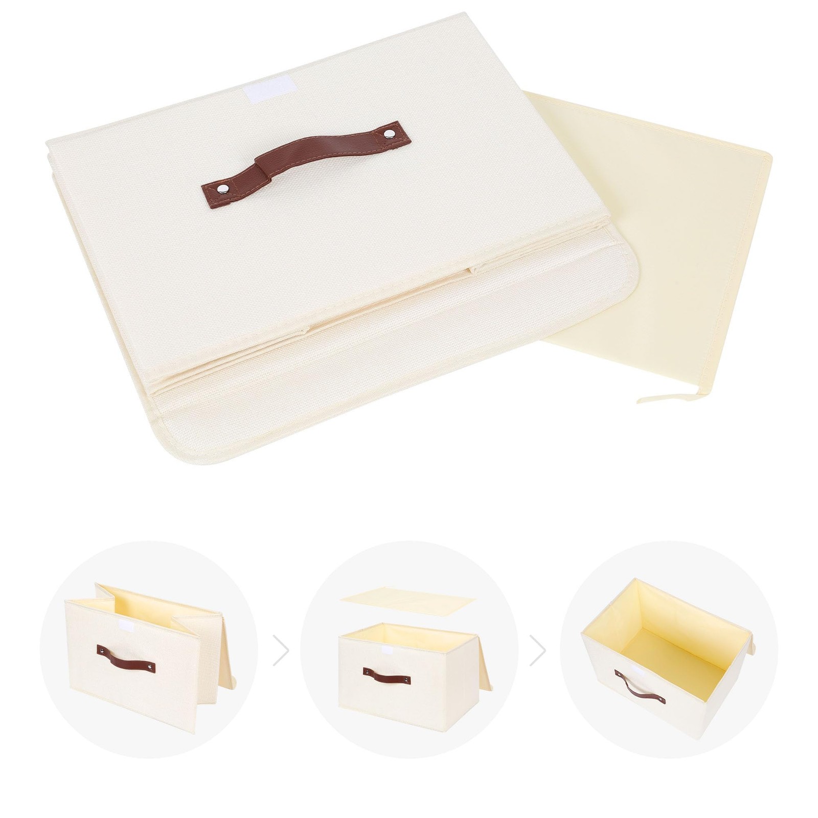 Foldable Storage Bin with Lid, PU Leather Handles, Beige, Large