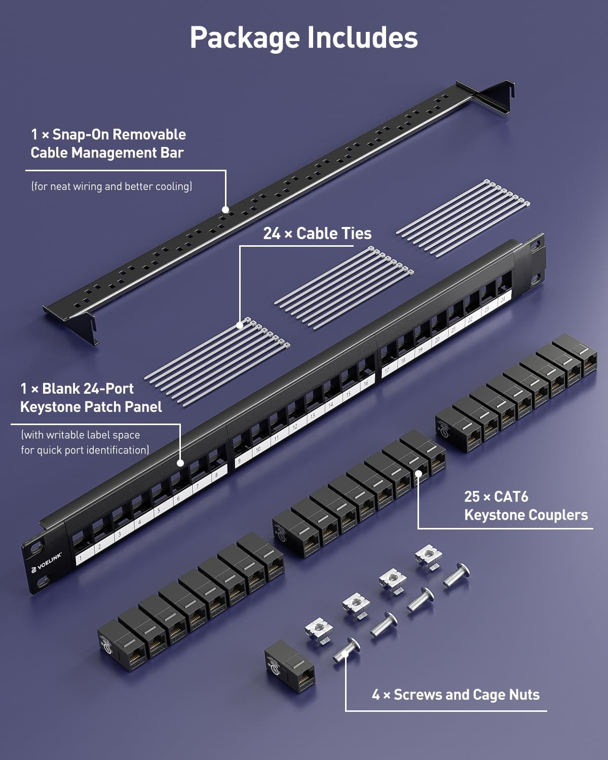 Keystone Patch Panel, with 25-Pack UL-Listed CAT6 Keystone Coupler