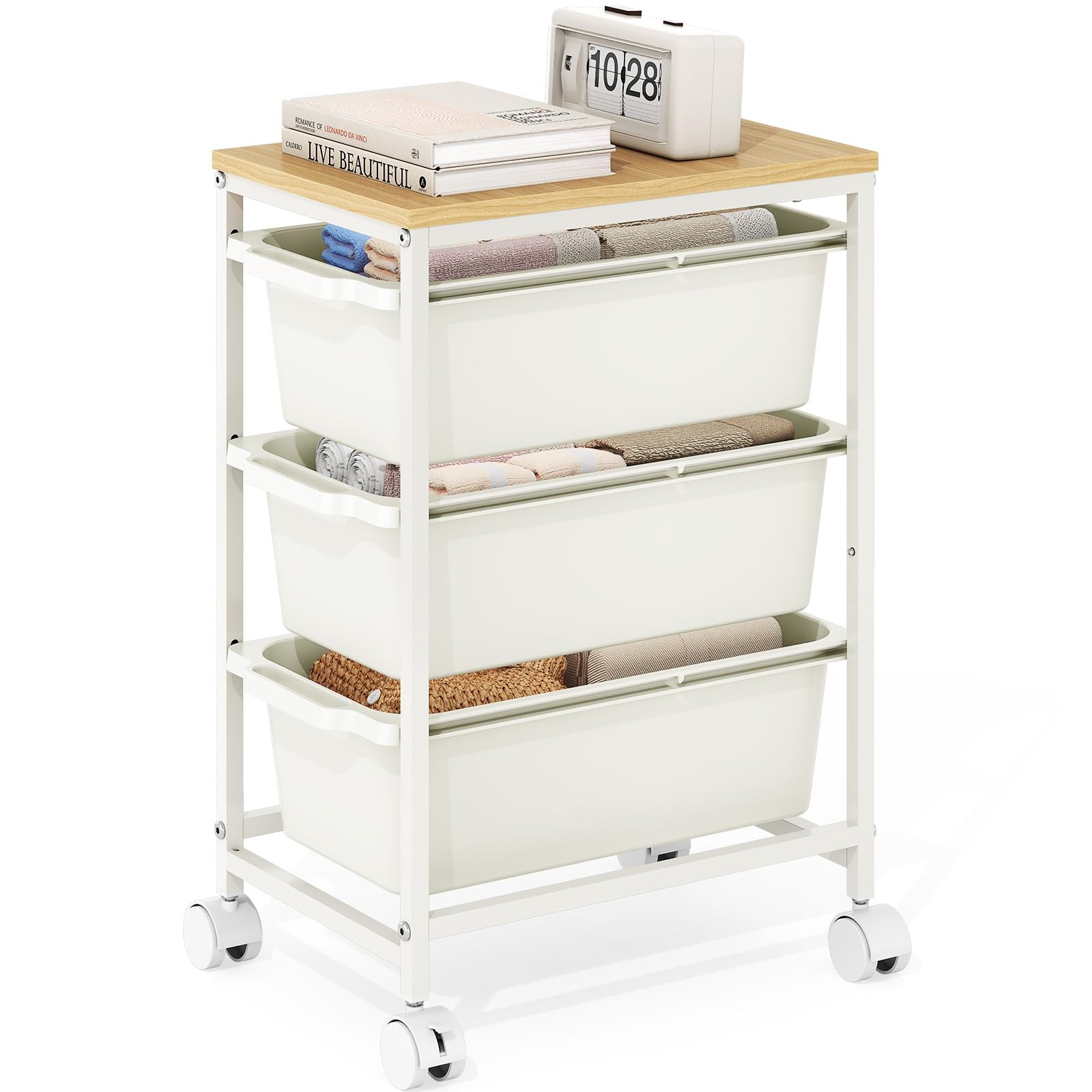 White Rolling Storage Cart 3 Drawers Craft Organizer Wooden Tabletop Wheels