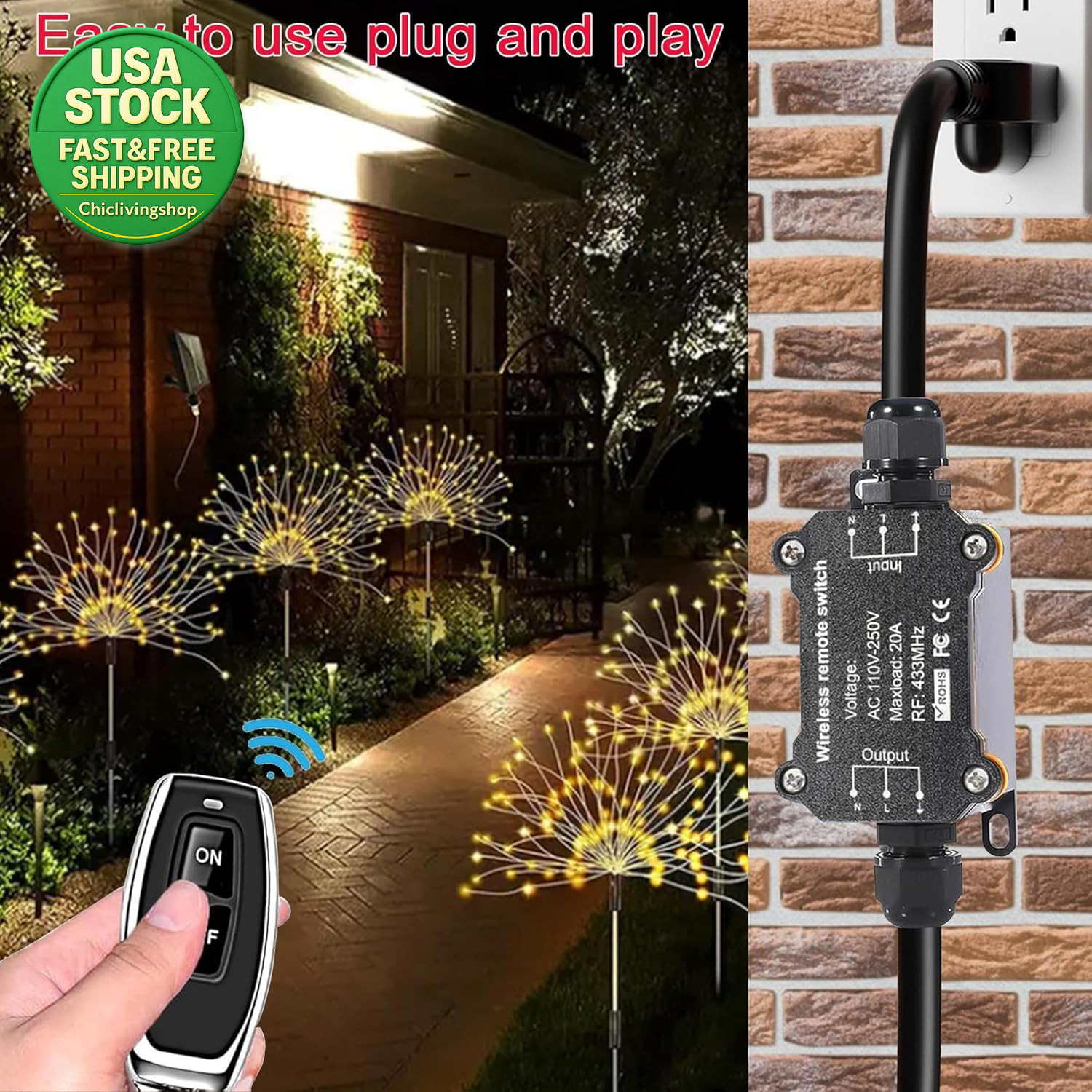 Wireless Remote Control Power Switch Waterproof Outdoor 110V 120V 250V 20A