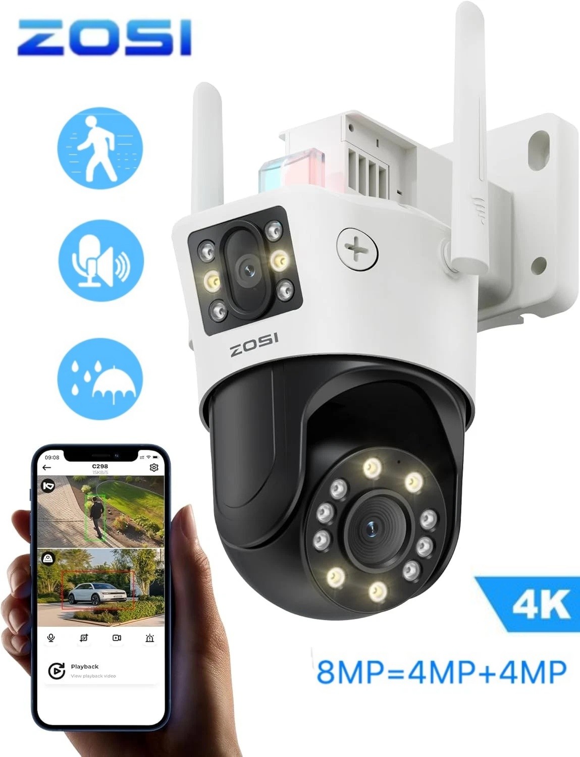 ZOSI C298 4K 6MP Dual Lens(4+2MP) WiFi PTZ Plug in Security Camera AI Auto Track