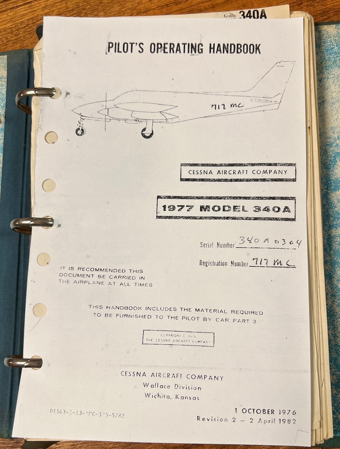 Cessna 1977 Model 340A Owner's Manual-Reproduction