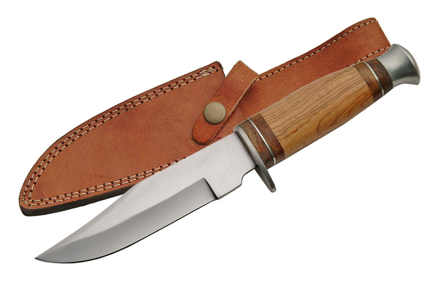Beautiful 10" Olive Wood Handle Fixed Blade Hunting Knife w/ Leather Sheath