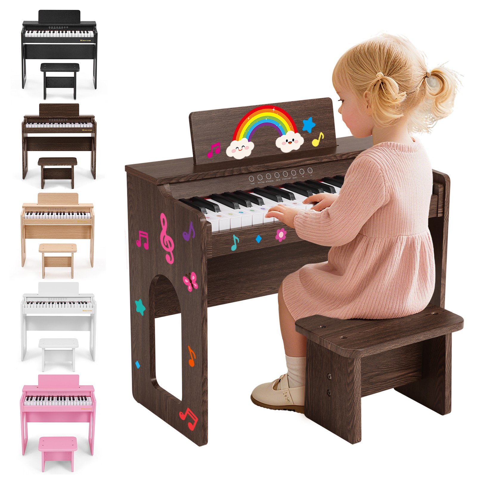 Pink/White/Brown Wood 37Key Kids Piano Keyboards Toddler Music Education w/Stool