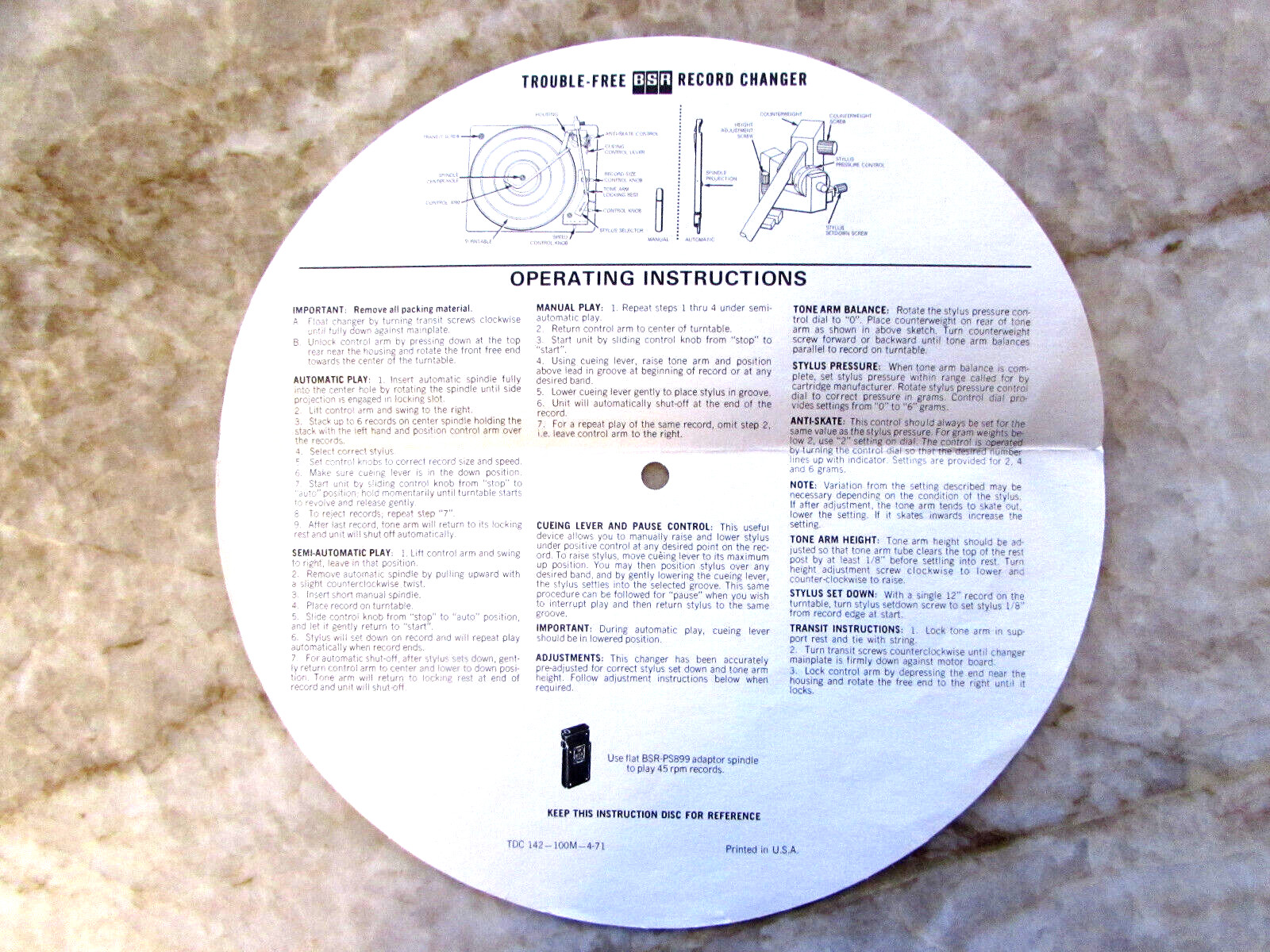 Trouble-Free BSR Record Changer Operating Instructions TDC-142-100M 4-71 Vintage