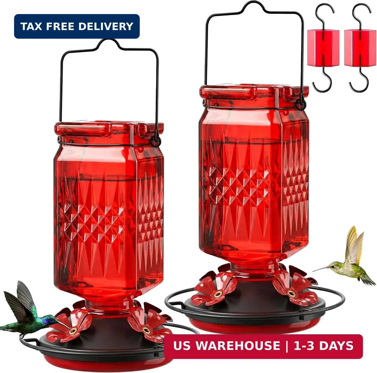 20oz Glass Hummingbird Feeder for Outdoors Hanging, Bird Nectar Feeder with 4 Be