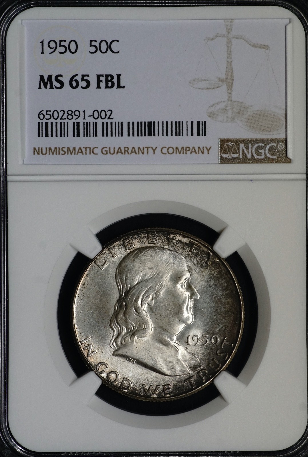 1950-P  Franklin Half Dollar Silver, UNC, NGC, MS65 FBL, Crescent Tone  891-002