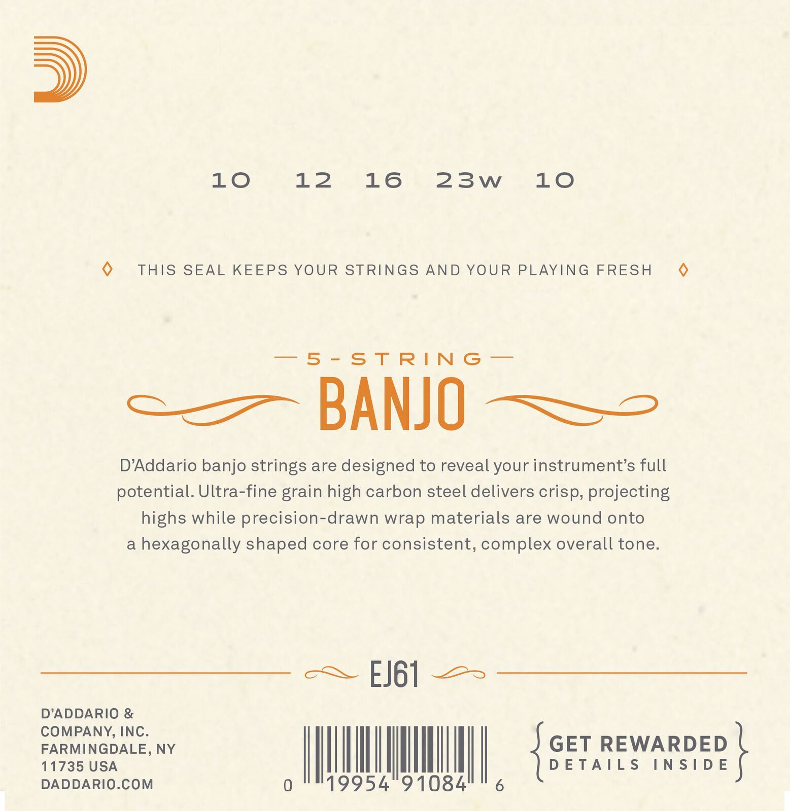 D'Addario EJ61 5-String Banjo Strings, Nickel, Medium 10-23