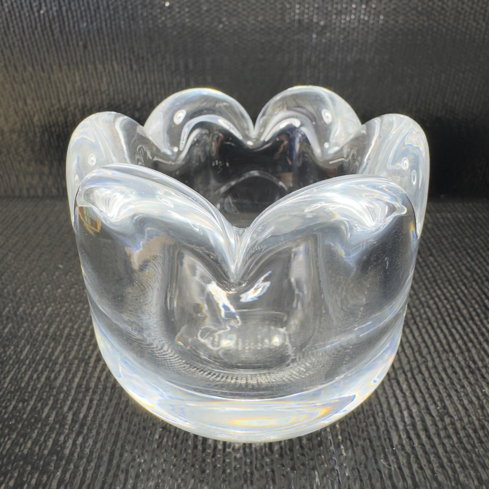 ORREFORS Sweden Clear Heavy Glass Crystal Flower Shaped Votive Small Dish Bowl