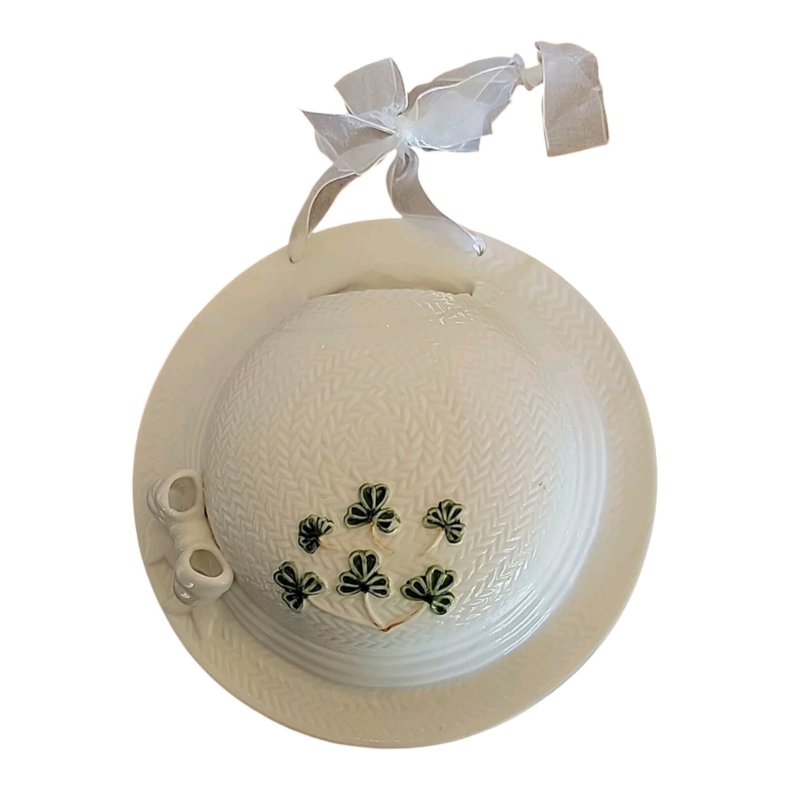 Vtg. Ceramic Hat Shamrock Wall Pocket Hanging Ribbon