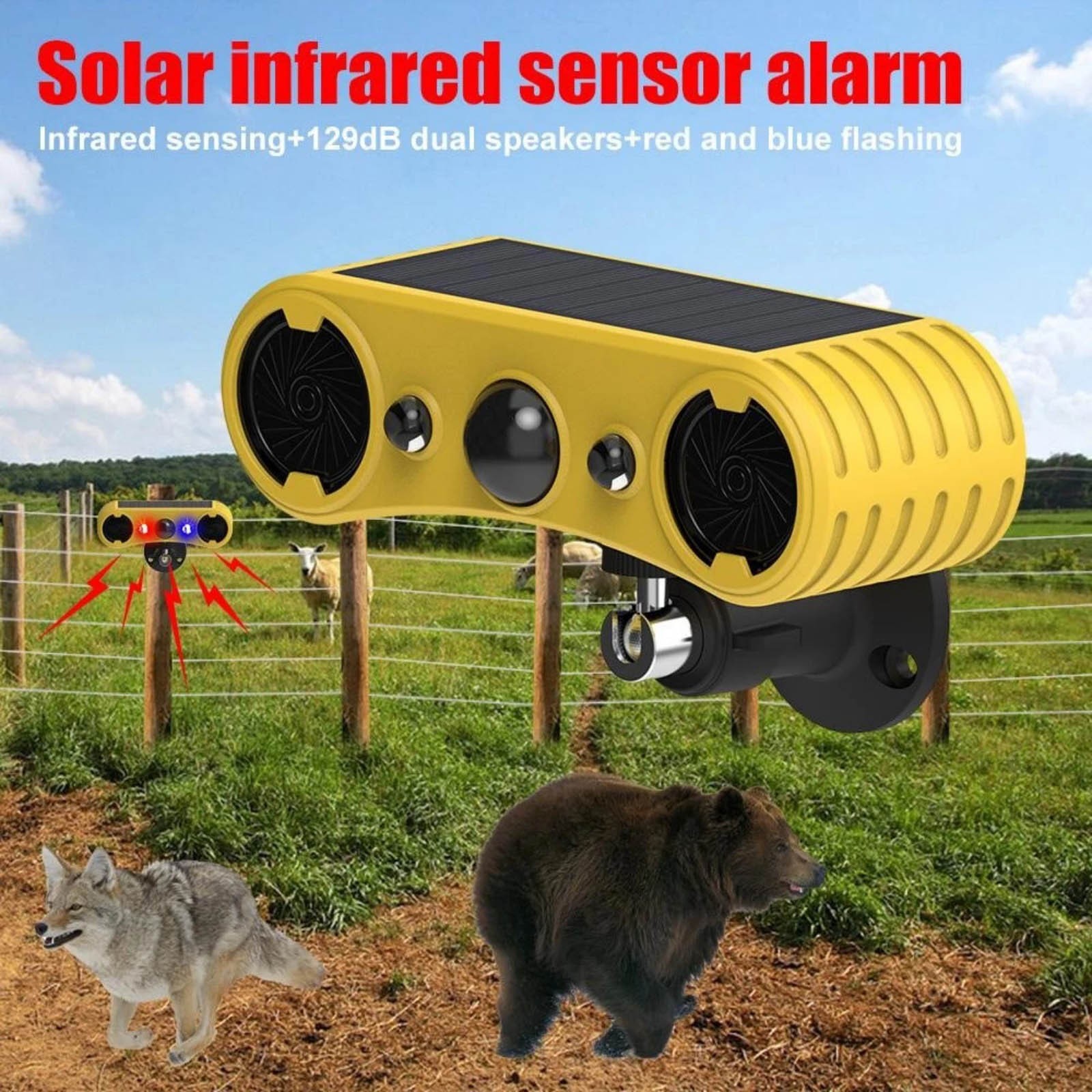 Solar Powered Motion Sensor Alarm 129dB 4 Modes 13 Sounds For Warehouse Security