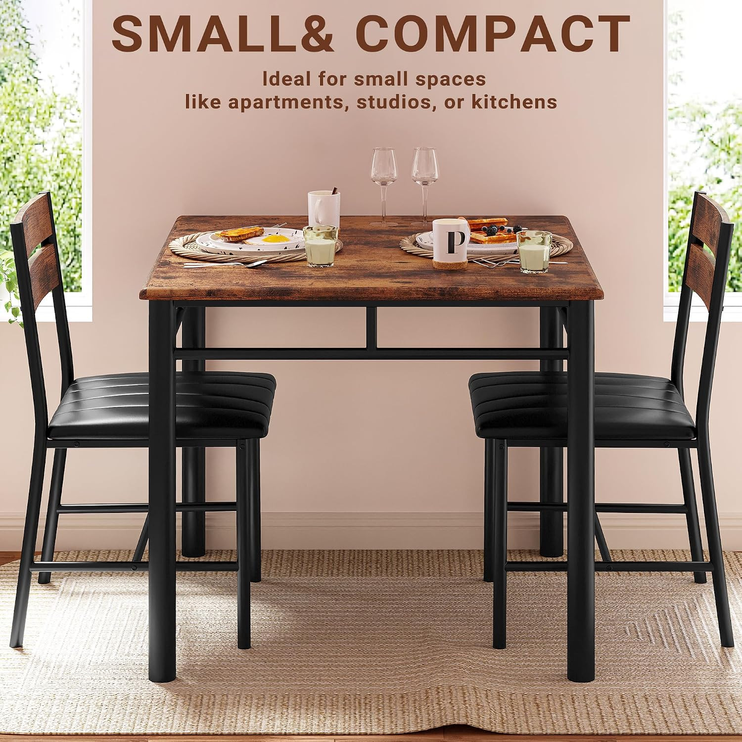 Dining Table Set for 2, Small Kitchen Table with Upholstered Chairs Dinning Tabl
