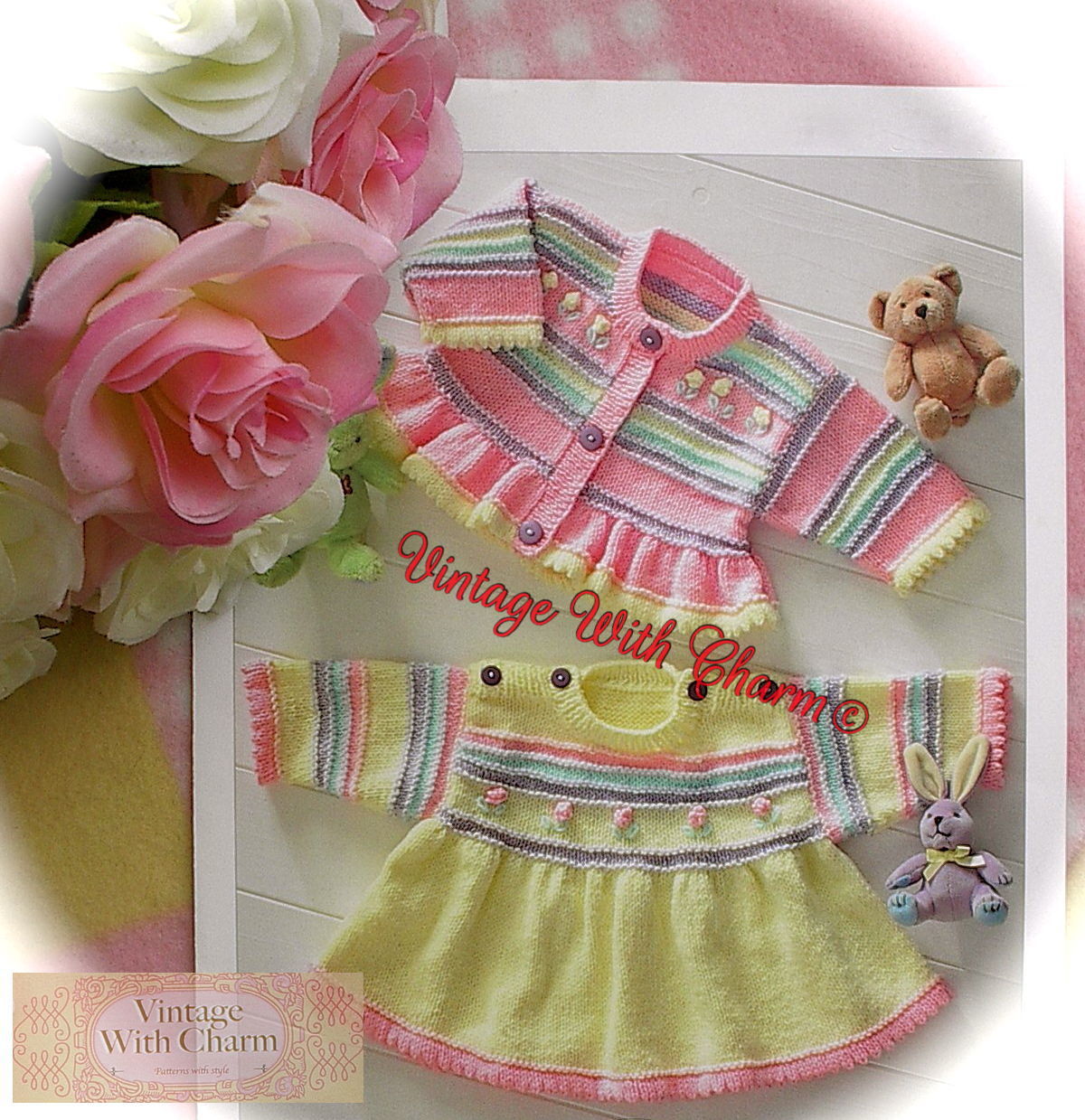 Knitting Pattern Baby Girls  "Dolly Mixture" Dress & Cardigan To Fit Baby- 4yrs.