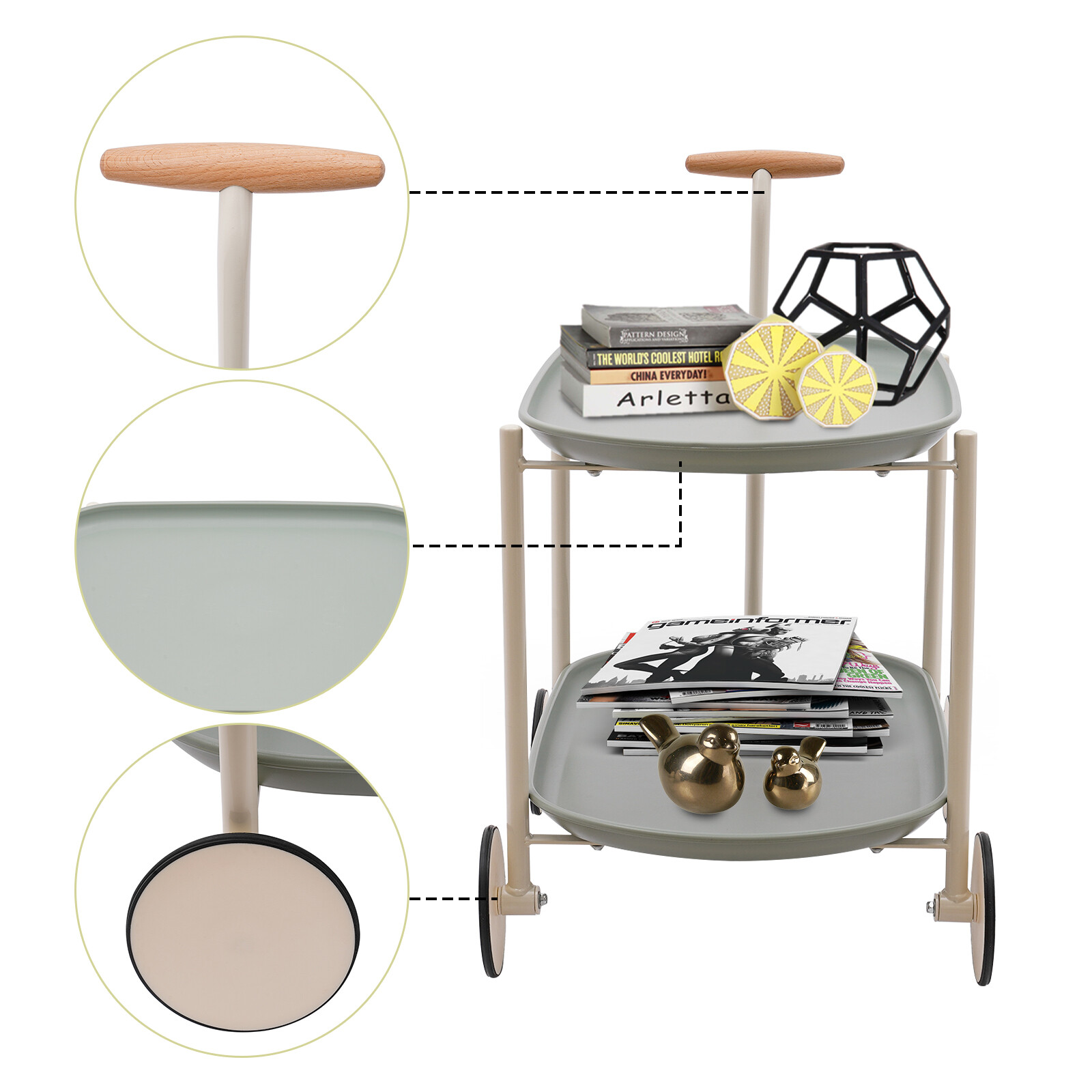 2 Tier Rolling Cart Storage Cart with Handle Storage Organizer Cart Carbon Steel